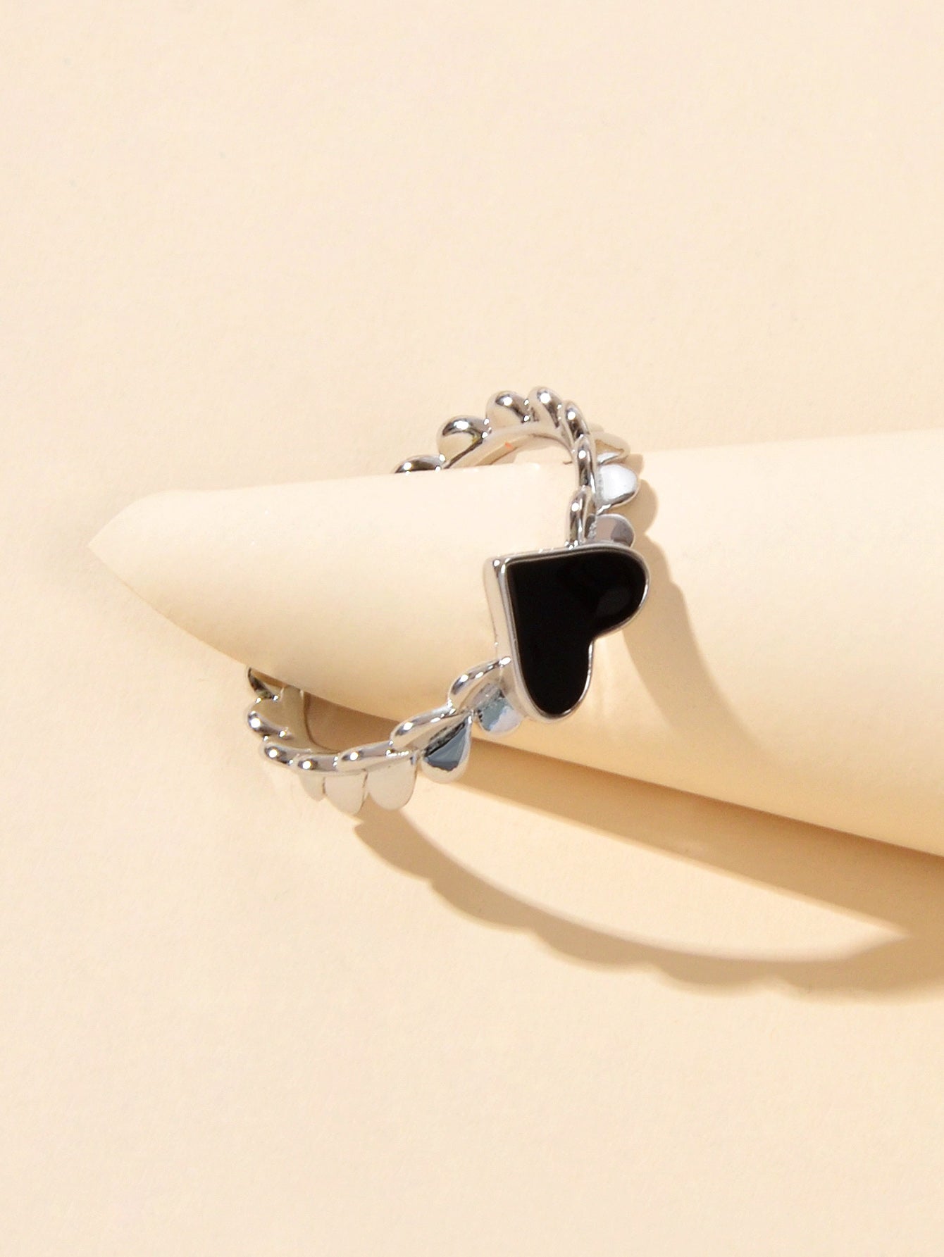 Open Adjustable Black Enamel Love Heart Silver Cuff Ring Jewellery-3