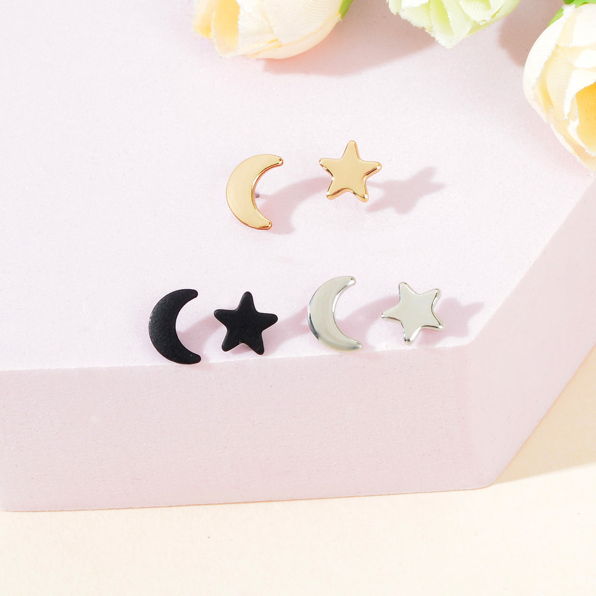 Starry Night Delight Moon and Stars Stud Earrings - Sparkle Under the Moonlight-0