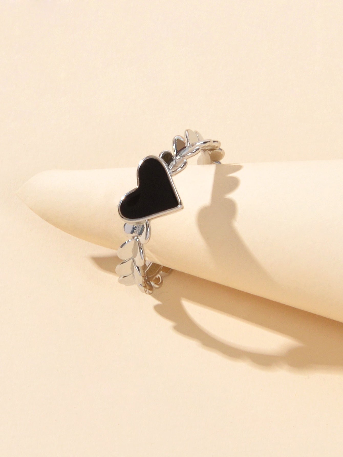 Open Adjustable Black Enamel Love Heart Silver Cuff Ring Jewellery-1