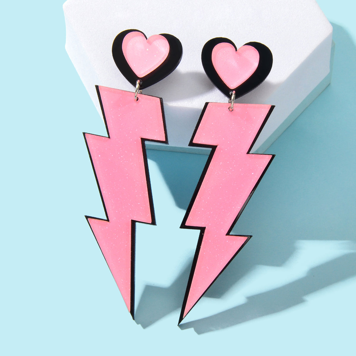 Sweet Pink Acrylic Heart Lightning Long Pendant Dangle Earrings for Dating-0
