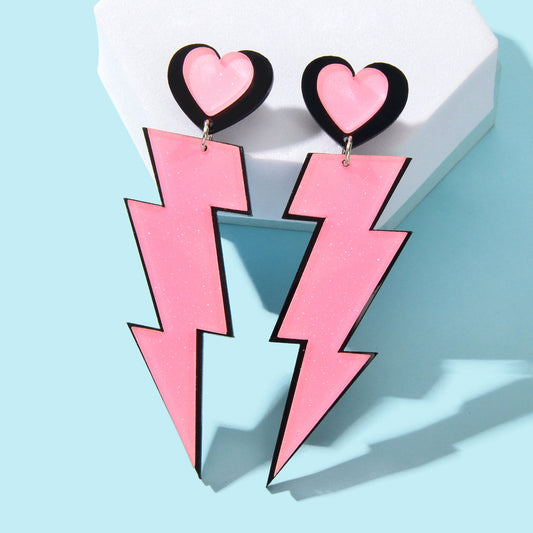 Sweet Pink Acrylic Heart Lightning Long Pendant Dangle Earrings for Dating-0