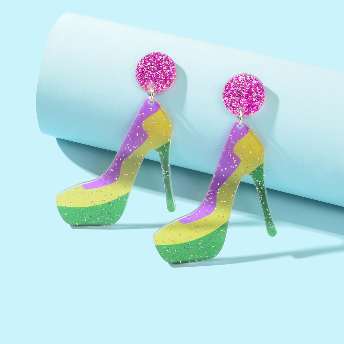 Funky Mixed Colour Acrylic Shiny Big High-heeled Shoes Dangle Earrings-0