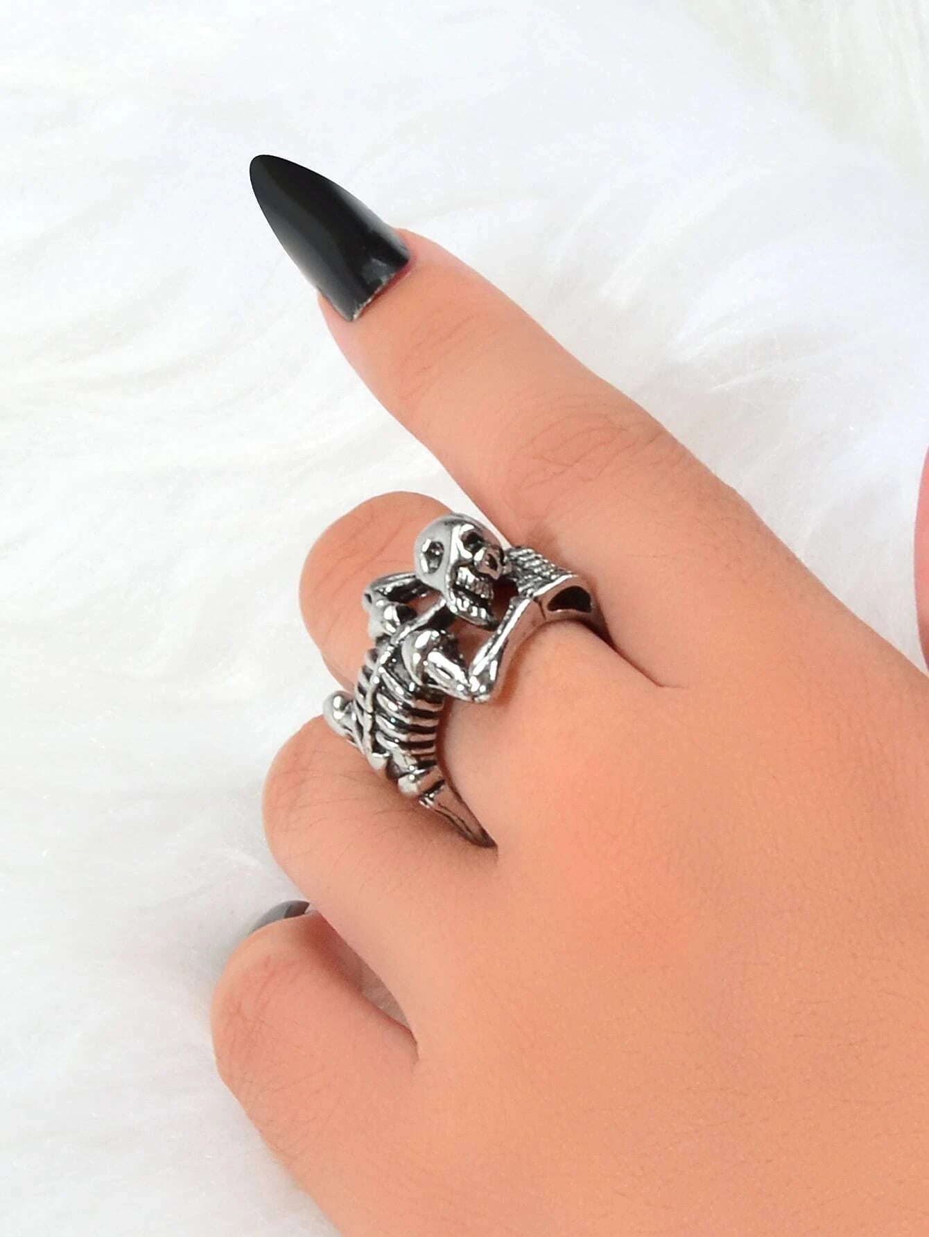 Silver Skull Oxidized Vintage Statement Open Cuff Ring-1