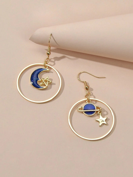 Star Moon Planet Globe Circle Asymmetric Dangle  Round Hoop Earrings-0