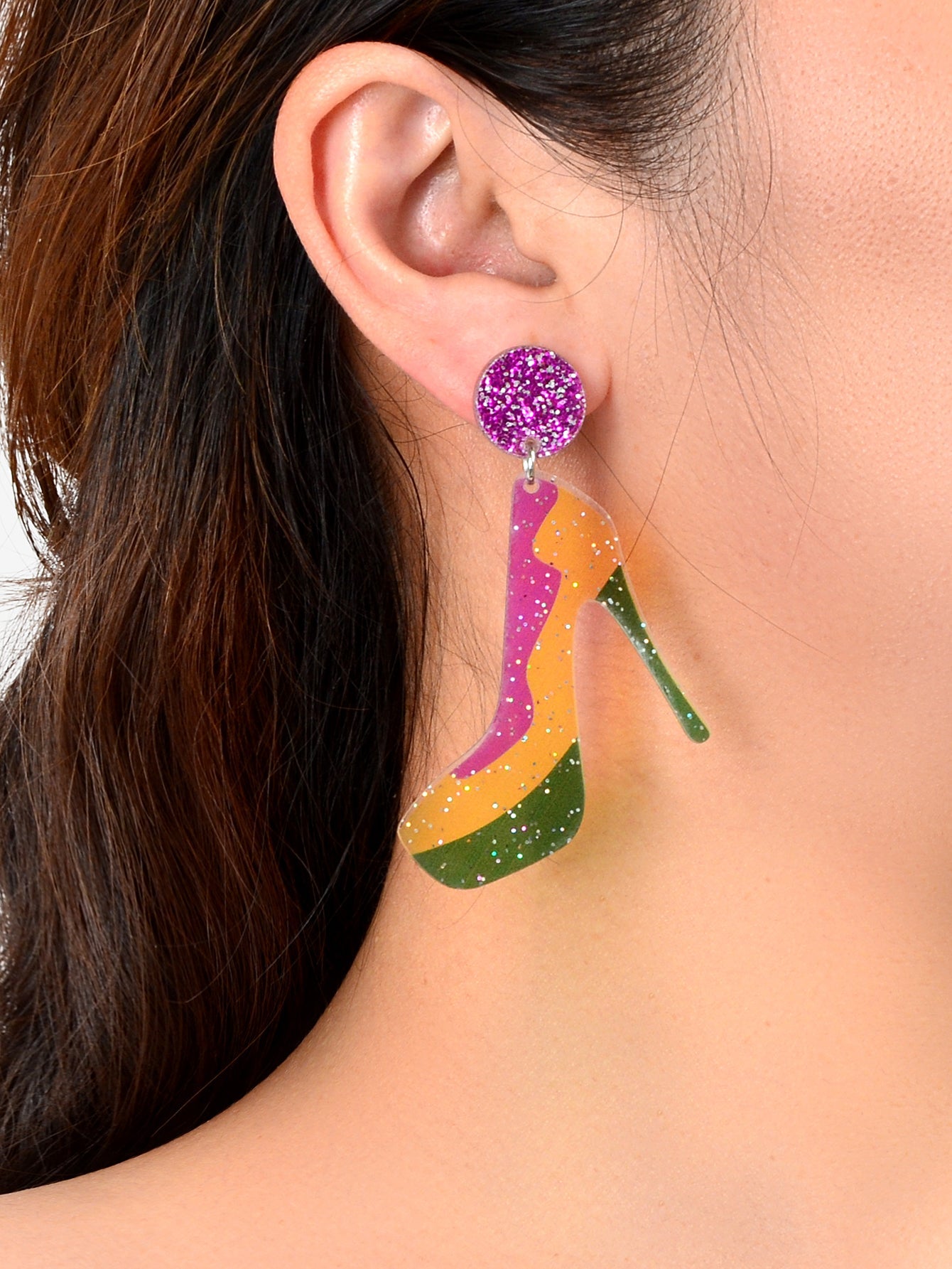 Funky Mixed Colour Acrylic Shiny Big High-heeled Shoes Dangle Earrings-1