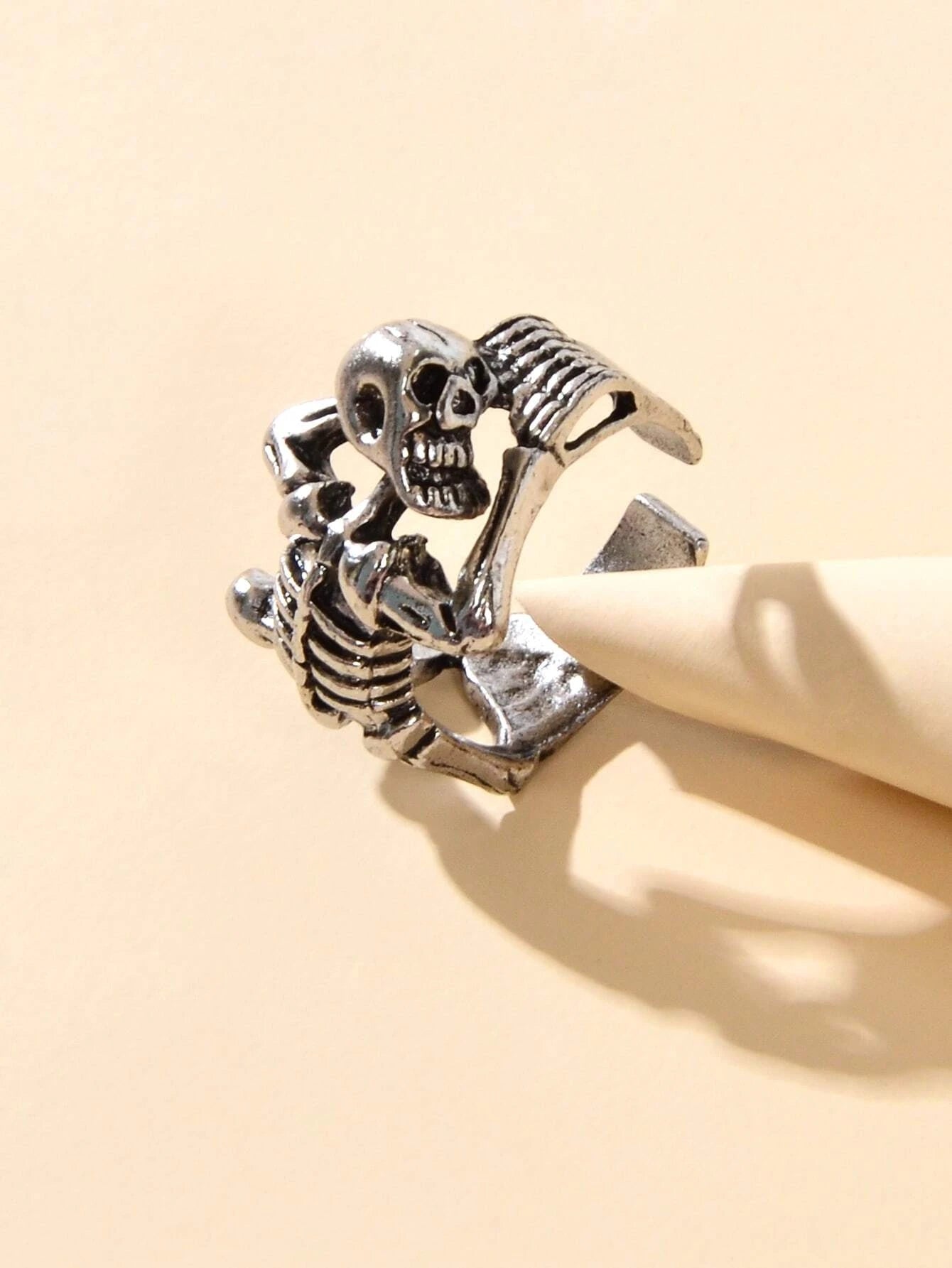 Silver Skull Oxidized Vintage Statement Open Cuff Ring-0