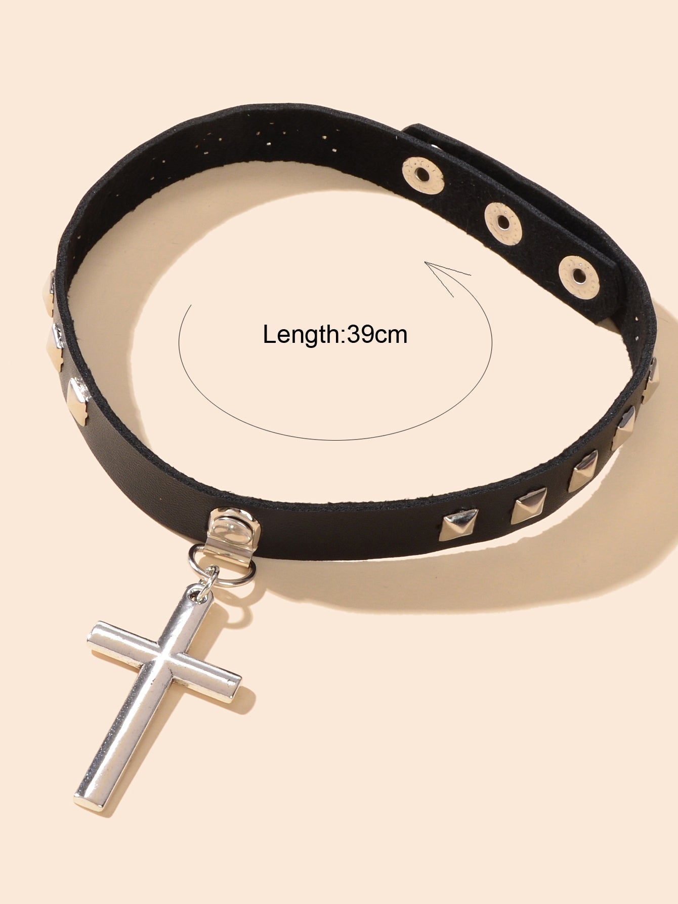 Red Black Pu Leather Spike Adjustable Short Choker Silver Cross Necklace-3