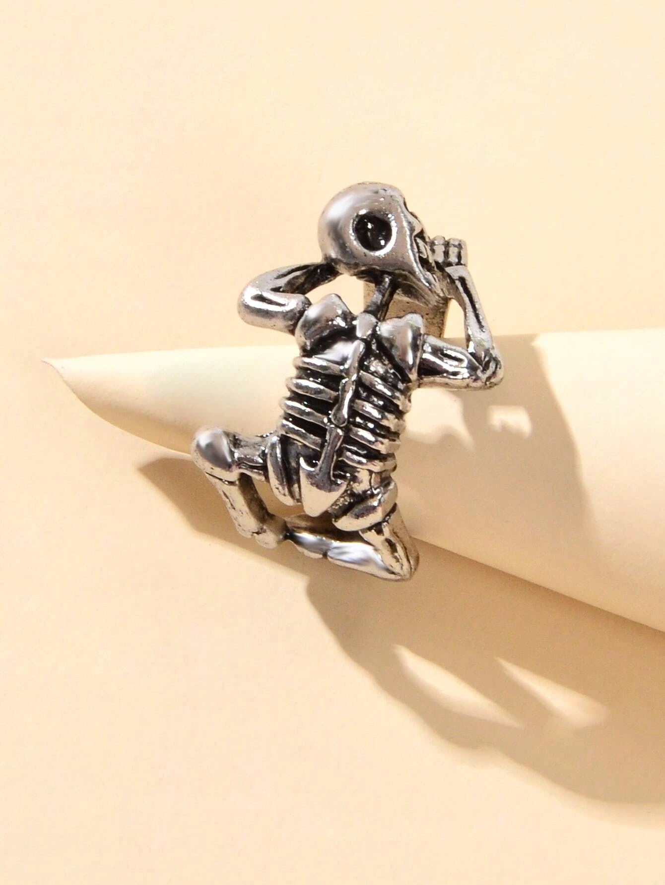 Silver Skull Oxidized Vintage Statement Open Cuff Ring-3
