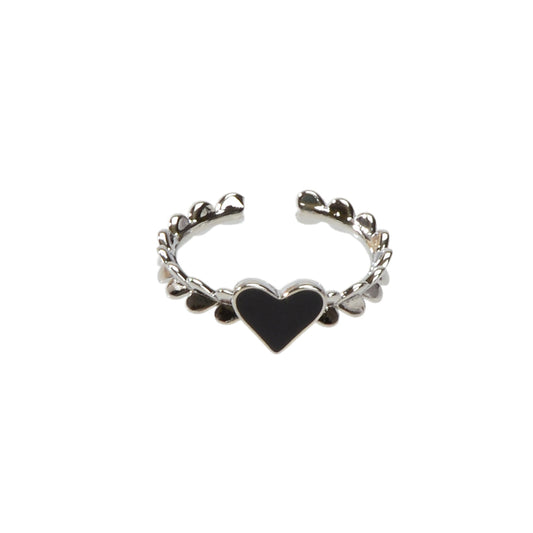 Open Adjustable Black Enamel Love Heart Silver Cuff Ring Jewellery-0