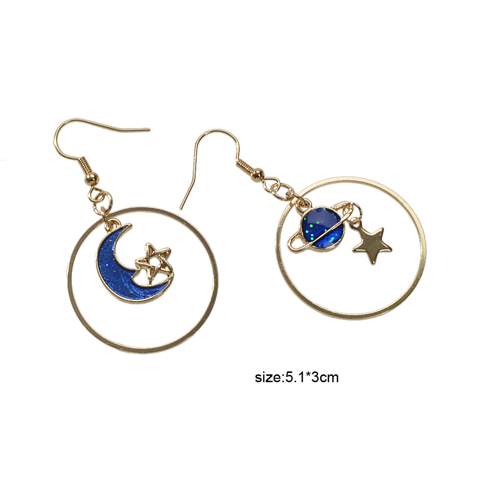 Star Moon Planet Globe Circle Asymmetric Dangle  Round Hoop Earrings-4